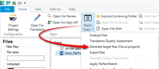Trados Studio screenshot showing the 'Open' button highlighted with a red arrow pointing to a file named 'private.docx' selected in the 'Files' list.