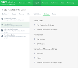 Trados Studio project settings screen showing options for File Type Configuration, Batch Tasks, and Translation Memory settings.