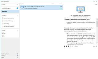 Trados Studio AppStore webpage showing MT Enhanced Plugin for Trados Studio with a description and option to download.