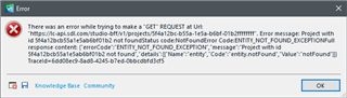 Error message in Trados Studio indicating a failed 'GET REQUEST' with 'ENTITY_NOT_FOUND_EXCEPTION' for a project deletion attempt.