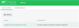 Trados Live Add-ons page listing 'Google Machine Translation Provider' with a description 'Provides machine translation using the Google API.'