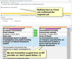Screenshot of Trados Studio showing unconfirmed translation segment with a note that nothing appears in the Translation Results window as the segment is not confirmed.