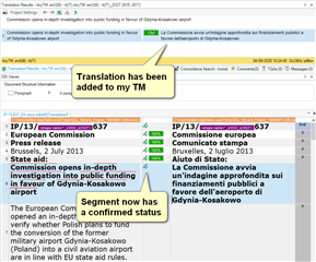 Screenshot of Trados Studio with a confirmed translation segment and a note indicating that the translation has been added to the Translation Memory.