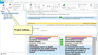 Screenshot of Trados Studio Editor view with an annotation pointing to the Project Settings button.