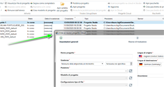 Trados Studio interface showing the 'Create a new project' dialog with options for project name, template, source language, and target languages.