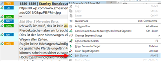 Context menu in Trados Studio with 'Edit Source' option highlighted, indicating its location in the right-click menu.