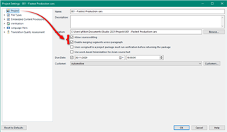 Project Settings window in Trados Studio with 'Enable editing source segments' option highlighted, showing how to enable source editing.
