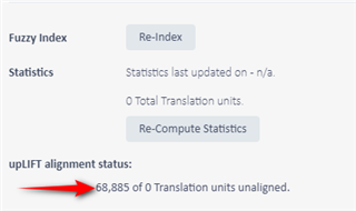 Trados Studio screenshot showing 0 total translation units and 68,885 of 0 translation units unaligned under upLIFT alignment status.