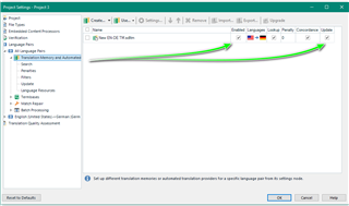 Trados Studio Project Settings window showing Translation Memory and Automated Translation tab with TM enabled and set to update, indicated by green arrows.