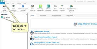 Trados Studio welcome screen with arrows pointing to 'Open Project Package' and 'Drag files for translation'.