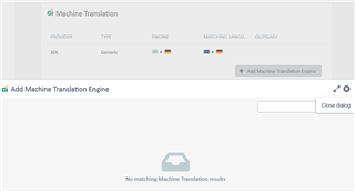 Trados Studio screenshot showing the Machine Translation settings with SDL provider selected and a message 'No matching Machine Translation results' displayed.