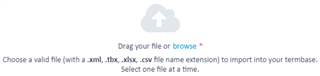 Trados Studio interface showing a file import option with text 'Drag your file or browse' and supported file formats listed as .xml, .tbx, .xlsx, .csv.