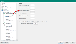 Trados Studio options menu with a red arrow pointing to 'Multiple translations penalty' setting, set to 0.1.