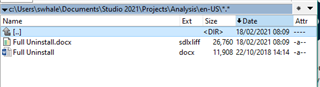 Screenshot of a Trados Studio project folder showing two files: 'Full Uninstall.sdlxliff' and 'Full Uninstall.docx', with file sizes and modified dates.