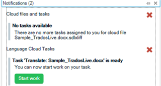 Notification window in Trados Studio with two messages, one indicating no more tasks for a cloud file and another stating 'Task Translate: Sample_TradosLive.docx' is ready with a 'Start work' button.