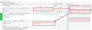 Screenshot of Trados Studio showing Arabic text incorrectly aligned left to right in the Translation Memory (TM) with error annotations.