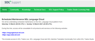 SDL Support page showing a scheduled maintenance notice for SDL Language Cloud with dates and affected services listed.