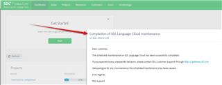 Trados Studio notification of completed SDL Language Cloud maintenance with a red arrow pointing to the 'Get Started' button.
