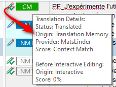 Close-up of translation detail tooltip indicating a context match from Translation Memory with provider MatsLinder.
