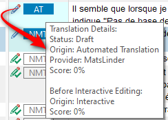 Close-up of translation detail tooltip indicating a draft status from Automated Translation with provider MatsLinder.