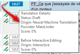 Close-up of translation detail tooltip indicating a draft status from Neural Machine Translation with provider MatsLinder.