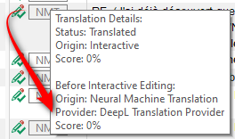 Close-up of translation detail tooltip indicating a translated status from Interactive origin with Neural Machine Translation by DeepL provider.