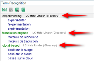 Screenshot of Term Recognition pane in Trados Studio showing terms from Mats Linder Glossary with arrows pointing to matched terms.