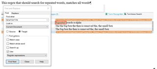Screenshot of Trados Studio's 'Find and Replace' feature with a search for 'matches all words' showing an error message that the text box is empty.