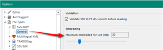 Trados Studio screenshot showing the File Types options menu with an arrow pointing to the 'SDLXLIFF' settings. The 'Embedding' section is highlighted, showing 'Maximum embedded file size (MB): 20'.