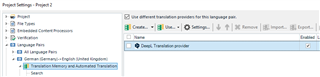 Trados Studio Project Settings showing DeepL Translator provider enabled for German to English language pair.
