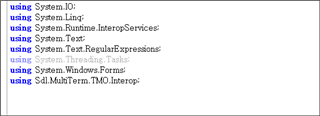 Code snippet from a WinForms application showing 'using' directives, including one for 'Sdl.MultiTerm.TMO.Interop'.