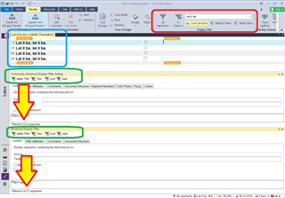 Screenshot of Trados Studio with a Display Filter applied showing 4 segments in the results pane.