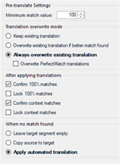 Trados Studio pre-translate settings dialog showing options for minimum match value, translation override mode, actions after applying translations, and what to do when no match is found with 'Apply automated translation' checked.