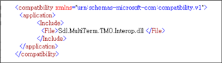 XML code snippet showing inclusion of Sdl.MultiTerm.TMO.Interop.dll file within application compatibility tags.