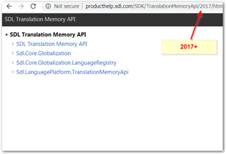 Screenshot of SDL Translation Memory API documentation page for Studio 2017 and later, indicating the absence of the TranslationMemory.EditScripts section.