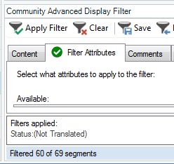 Community Advanced Display Filter window showing 'Apply Filter' and 'Clear' buttons, with 'Status: Not Translated' filter applied, displaying 'Filtered 60 of 69 segments'.