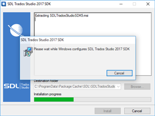 Screenshot of SDL Trados Studio 2017 SDK installer showing the extraction process with a progress bar and a 'Please wait while Windows configures SDL Trados Studio 2017 SDK' message.
