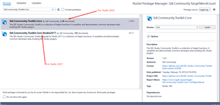 Visual Studio NuGet Package Manager showing Sdl.Community.Toolkit.Core version 1.0 for Trados Studio 2019 with no visible errors.