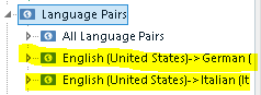 Trados Studio navigation pane showing expanded 'Language Pairs' with 'All Language Pairs' and two specific pairs: 'English (United States) to German' and 'English (United States) to Italian'.