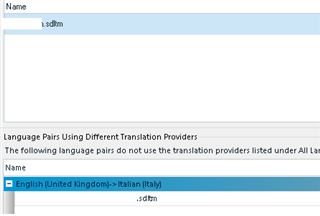 Screenshot showing Trados Studio interface with a Translation Memory (TM) added under 'All Language Pairs' instead of the specified 'English > Italian' language combination.