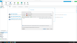 SDL Trados Studio 2021 interface showing the 'New Project' dialog with English selected as source language and German as target language.