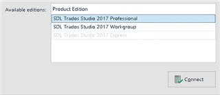 Screenshot showing a selection window with three options: SDL Trados Studio 2017 Professional, SDL Trados Studio 2017 Workgroup, and SDL Trados Studio 2017 Express. The Professional option is highlighted.