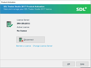 SDL Trados Studio 2017 Product Activation window showing a green checkmark next to License Server and 'SRV-SLDLSE' listed underneath. A red 'No License' alert is visible with options to Disconnect, Borrow a License, or Change License Server. An 'OK' button is at the bottom.