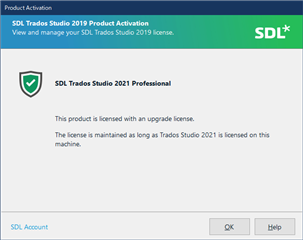 SDL Trados Studio 2019 Product Activation window showing successful activation with SDL Trados Studio 2021 Professional upgrade license.