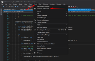 Visual Studio interface with the 'Tools' menu expanded showing 'Extensions and Updates' option highlighted.