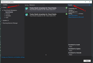 Extensions and Updates window in Visual Studio with 'Online' tab selected and 'Trados' typed in the search box.