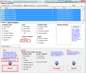 SDLXLIFF Toolkit interface with options to select locked or unlocked segments and a 'Merge result' button highlighted.