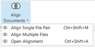 Screenshot of Trados Studio showing the 'Align Documents' drop-down menu with options 'Align Single File Pair', 'Align Multiple Files', and 'Open Alignment' with corresponding keyboard shortcuts.