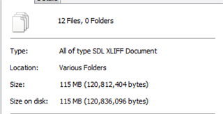 Properties window showing details of 12 SDLXLIFF files with a total size of 115 MB located in various folders.