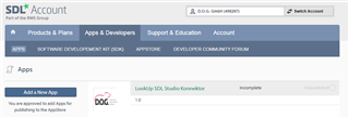 SDL Account page showing 'Products & Plans', 'Apps & Developers', 'Support & Education', and 'Account' tabs with an 'Add a New App' section and an incomplete app labeled 'LocalApp_SDL Studio Konverter'.
